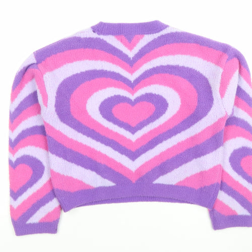Primark Girls Purple Pink Heart Print Pullover Jumper 9-10 Years