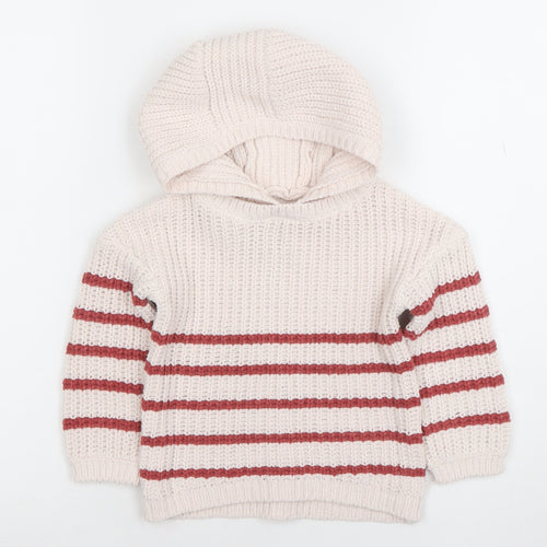 F&F Unisex Baby Ivory & Red Hooded Striped Knit Jumper 12-18 Months