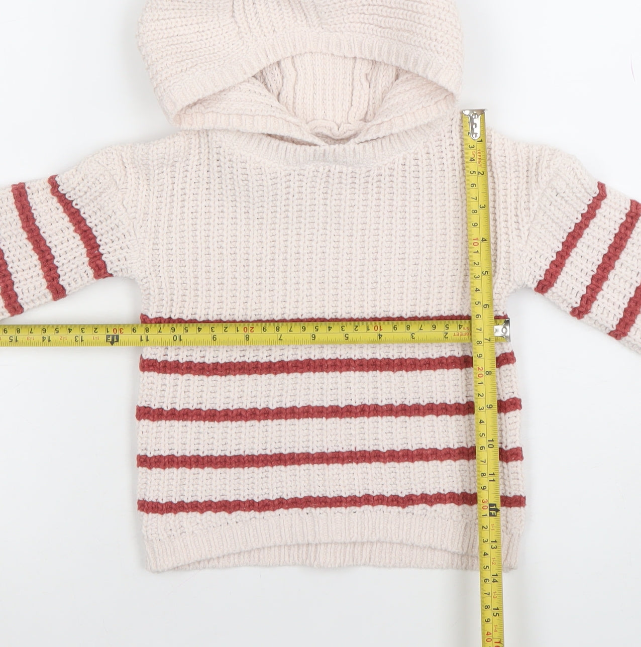 F&F Unisex Baby Ivory & Red Hooded Striped Knit Jumper 12-18 Months