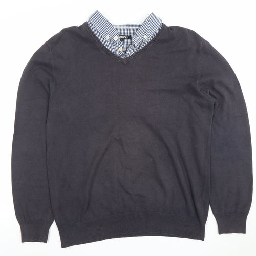 Peacocks Men’s Black Long Sleeve V-Neck Collared Polo L Cotton