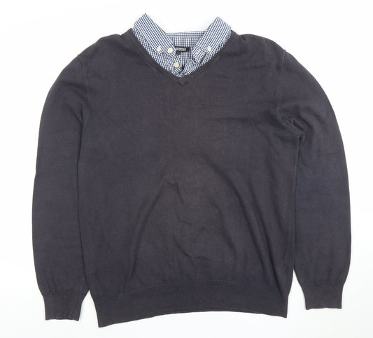 Peacocks Men’s Black Long Sleeve V-Neck Collared Polo L Cotton