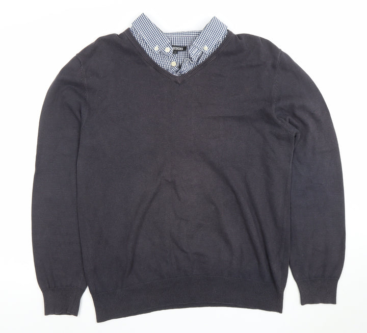 Peacocks Men’s Black Long Sleeve V-Neck Collared Polo L Cotton