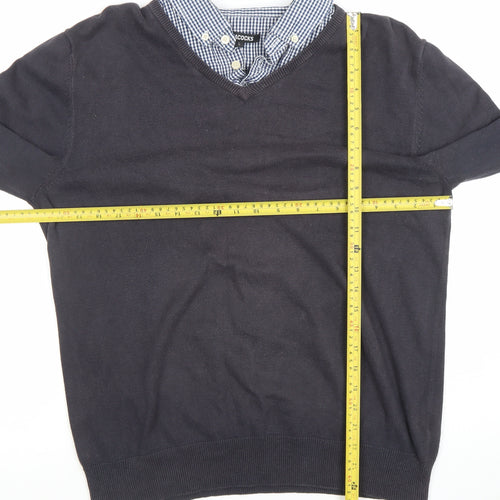 Peacocks Men’s Black Long Sleeve V-Neck Collared Polo L Cotton