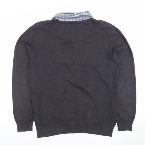 Peacocks Men’s Black Long Sleeve V-Neck Collared Polo L Cotton