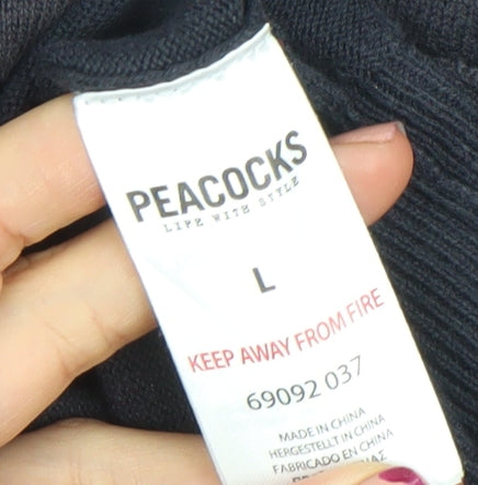 Peacocks Men’s Black Long Sleeve V-Neck Collared Polo L Cotton