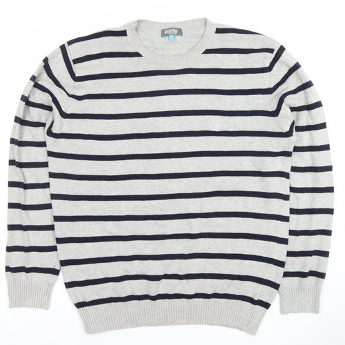 Easy Men's Grey Striped Cotton Crew Neck Jumper Size L