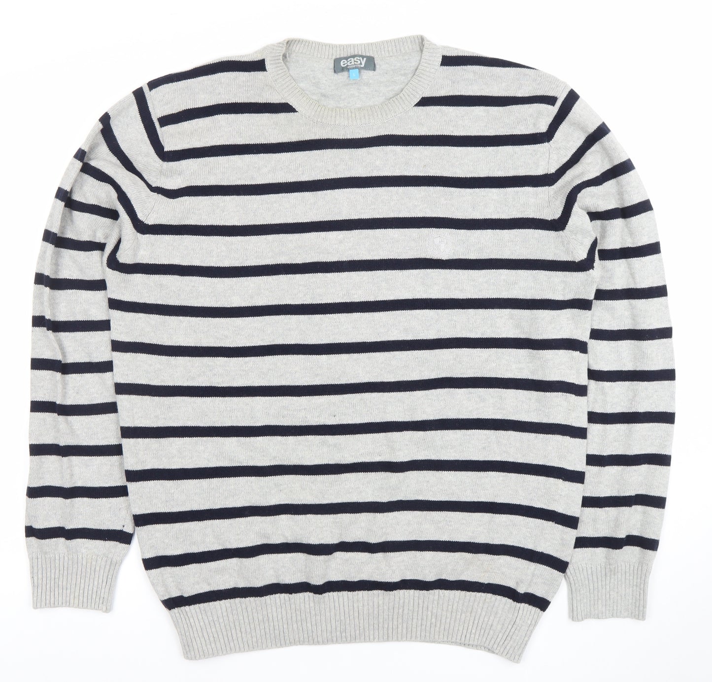 Easy Men's Grey Striped Cotton Crew Neck Jumper Size L