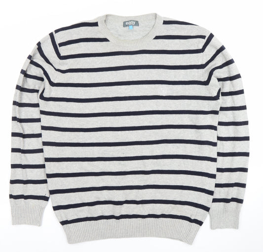 Easy Men's Grey Striped Cotton Crew Neck Jumper Size L