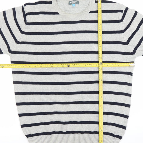 Easy Men's Grey Striped Cotton Crew Neck Jumper Size L
