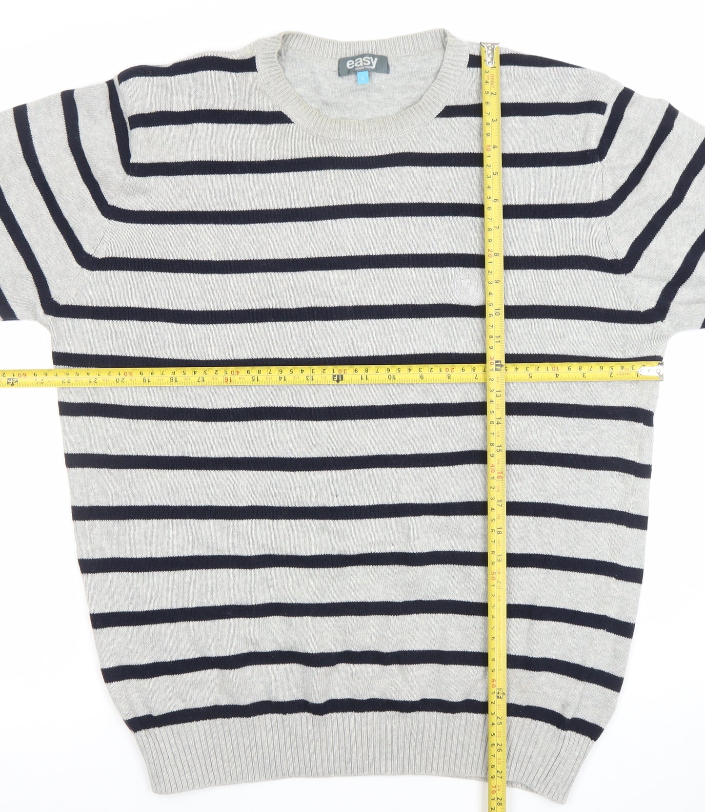 Easy Men's Grey Striped Cotton Crew Neck Jumper Size L