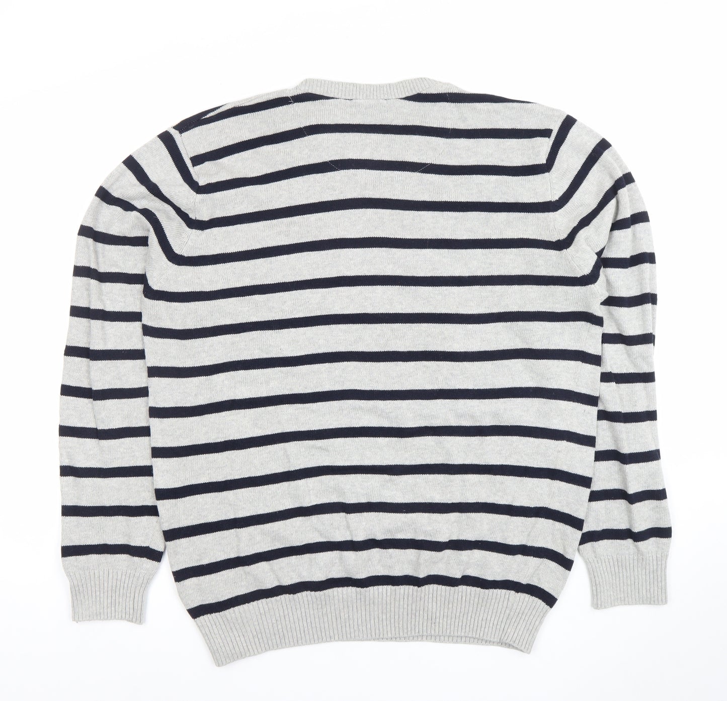 Easy Men's Grey Striped Cotton Crew Neck Jumper Size L