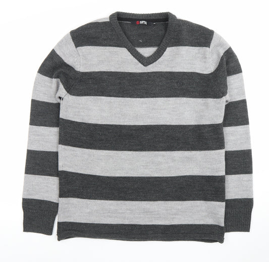 Element Men Grey Striped V-Neck Wool Blend Jumper Size M