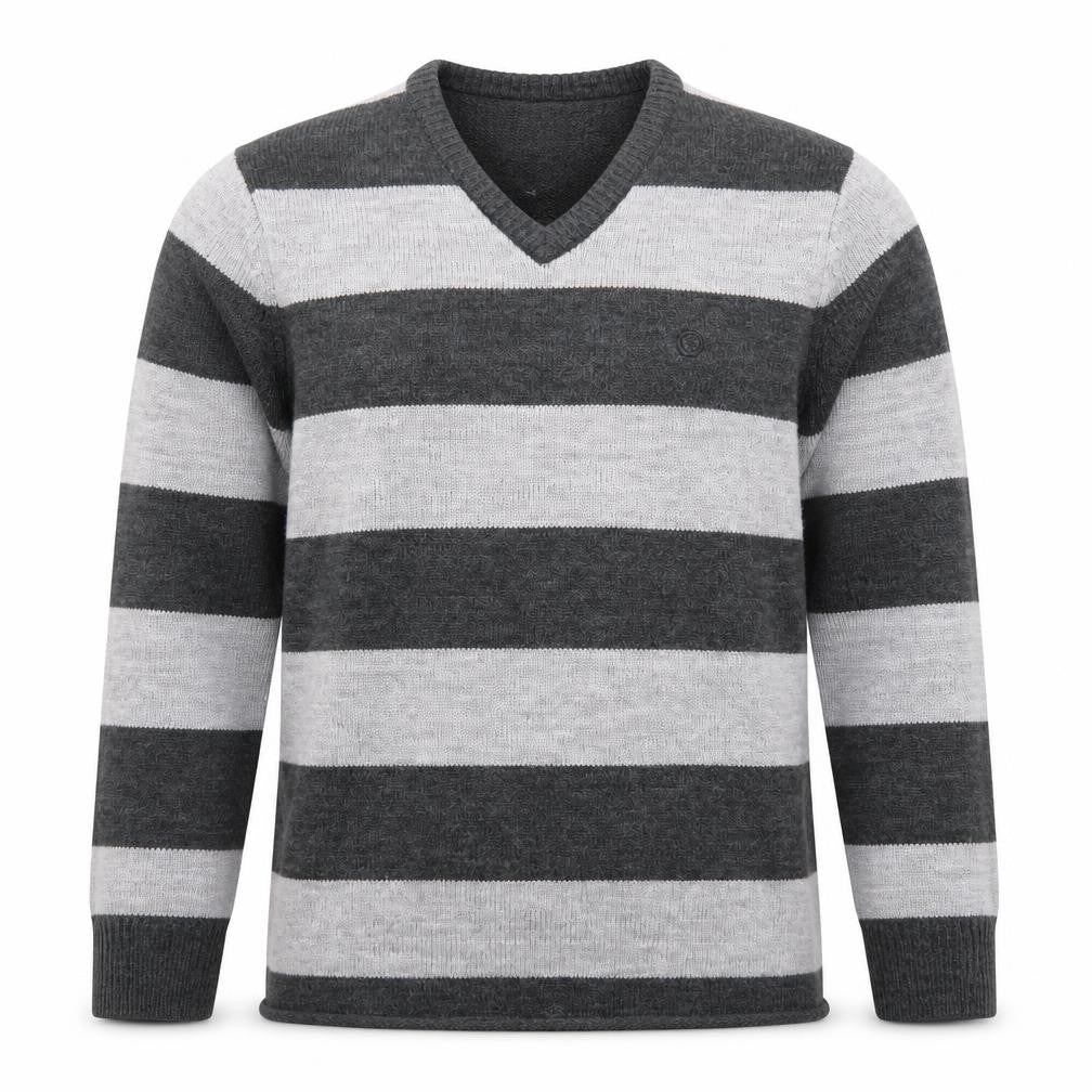 Front view of Element Men Grey Striped V-Neck Wool Blend Jumper, size M