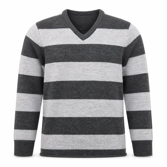 Front view of Element Men Grey Striped V-Neck Wool Blend Jumper, size M
