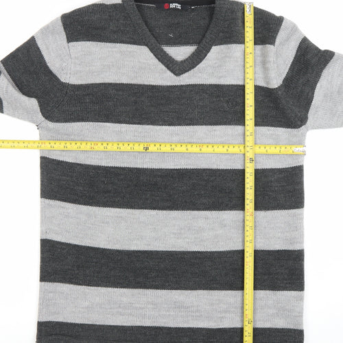 Element Men Grey Striped V-Neck Wool Blend Jumper Size M