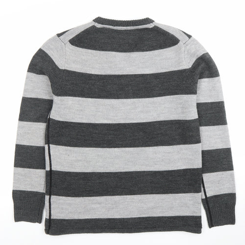 Element Men Grey Striped V-Neck Wool Blend Jumper Size M