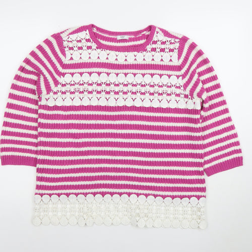 Cotton Traders Women’s Pink White Striped Crochet Trim Jumper Size 12