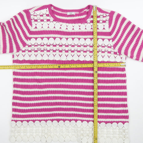 Cotton Traders Women’s Pink White Striped Crochet Trim Jumper Size 12