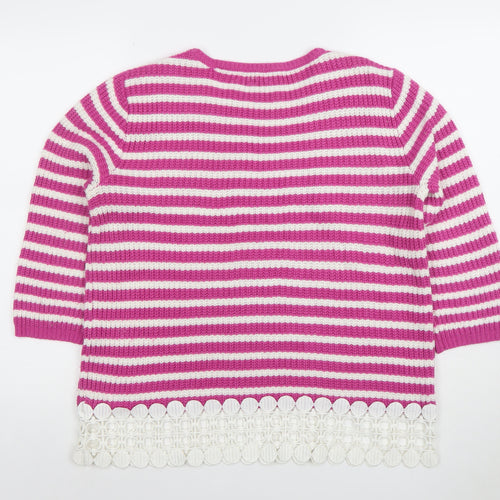 Cotton Traders Women’s Pink White Striped Crochet Trim Jumper Size 12
