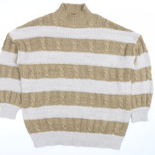 PrettyLittleThing Womens Beige Striped High Neck Cable Knit Jumper Size S