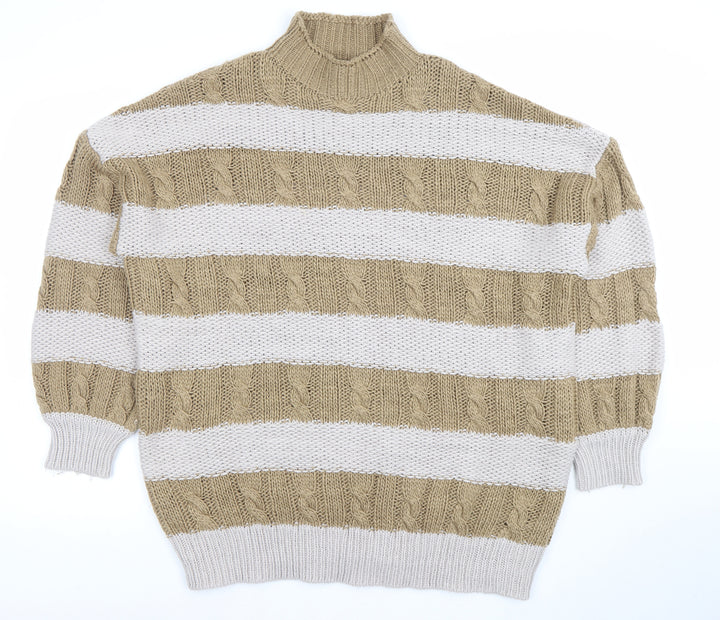 PrettyLittleThing Womens Beige Striped High Neck Cable Knit Jumper Size S