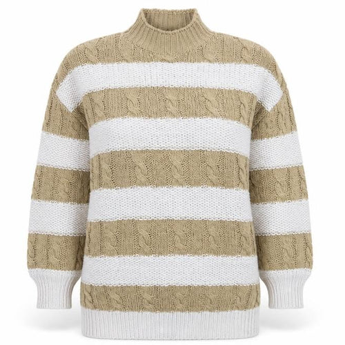 PrettyLittleThing Womens Beige Striped High Neck Cable Knit Jumper Size S