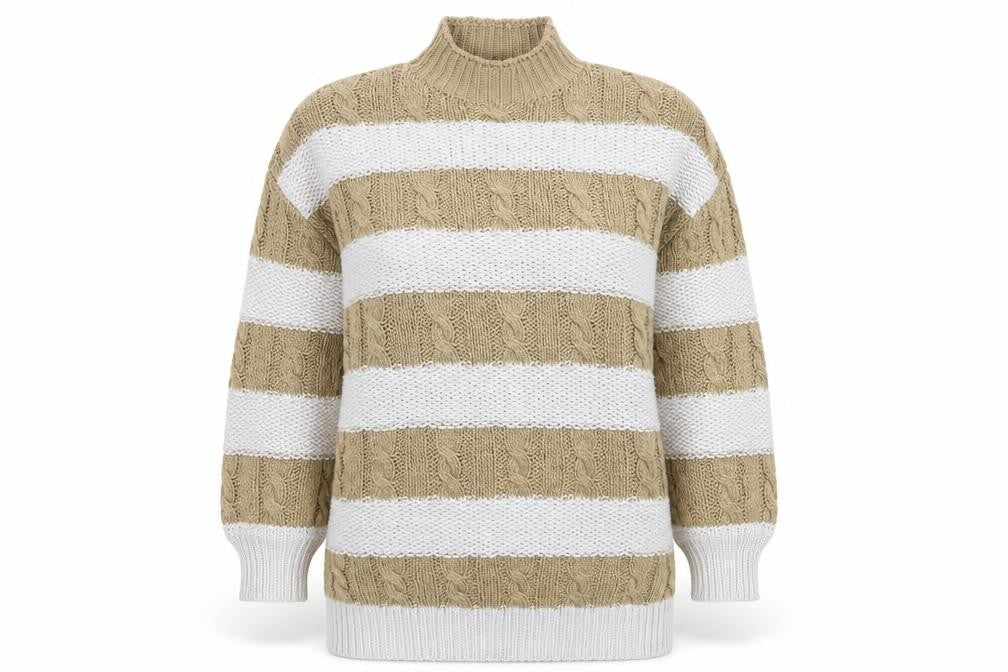 PrettyLittleThing Womens Beige Striped High Neck Cable Knit Jumper Size S