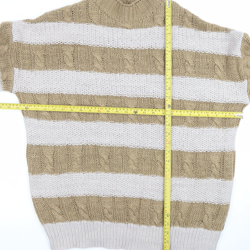 PrettyLittleThing Womens Beige Striped High Neck Cable Knit Jumper Size S