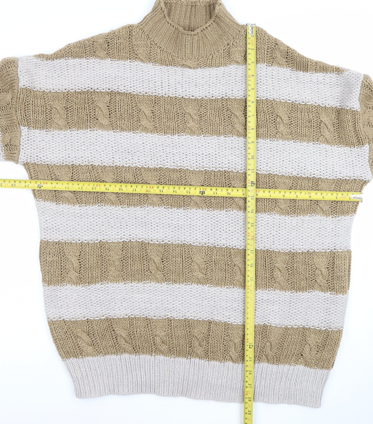 PrettyLittleThing Womens Beige Striped High Neck Cable Knit Jumper Size S