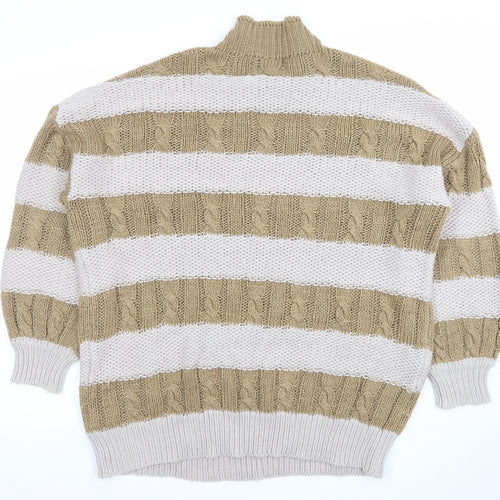 PrettyLittleThing Womens Beige Striped High Neck Cable Knit Jumper Size S