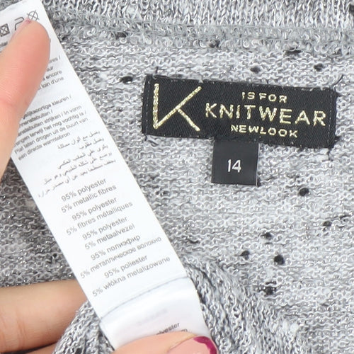 New Look Womens Grey Knit Glitter Top Size 14 3/4 Sleeve Scoop Neck