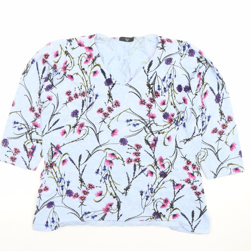 M&Co Womens Blue Floral 3/4 Sleeve V-Neck Lightweight Top Size 14