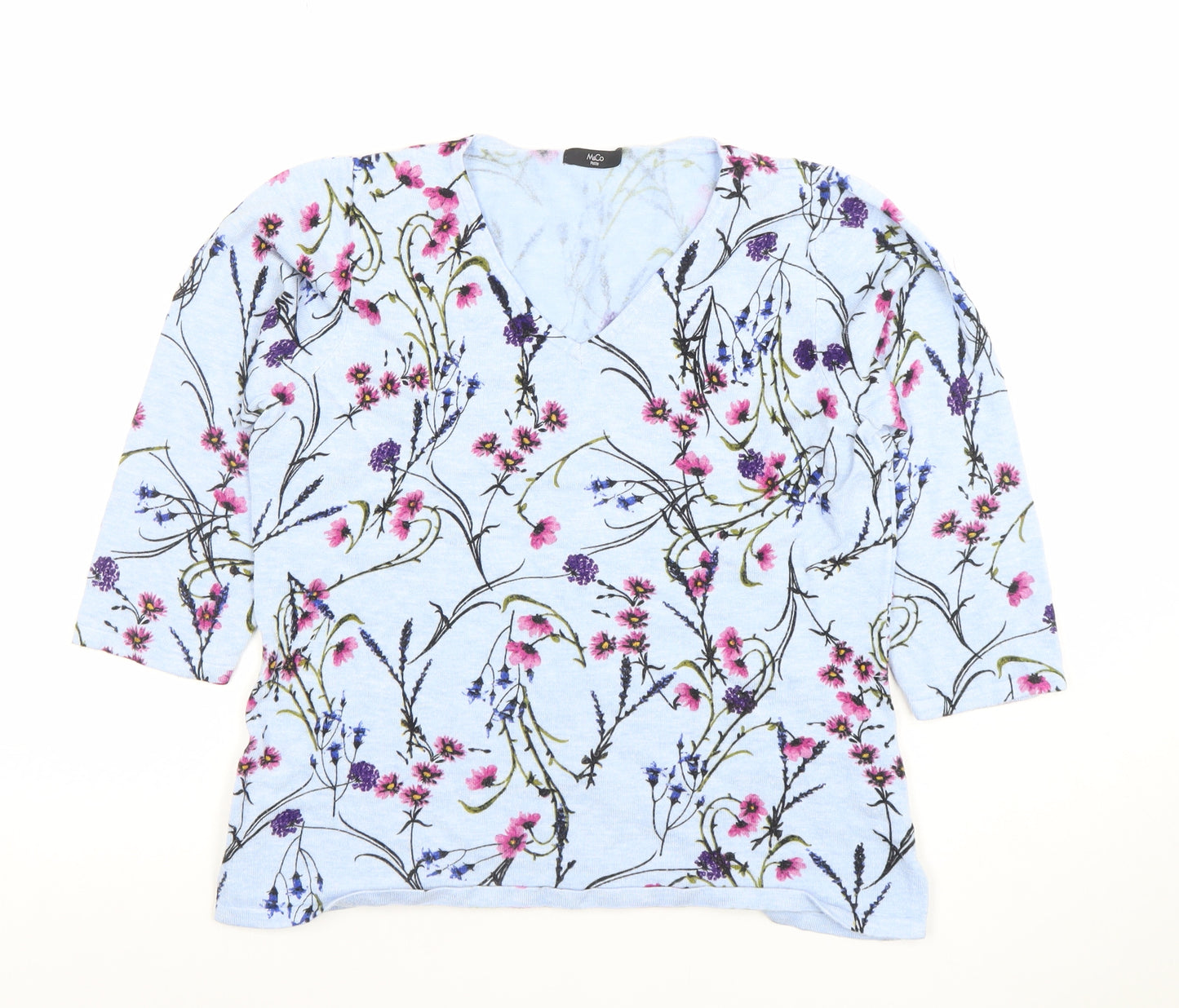 M&Co Womens Blue Floral 3/4 Sleeve V-Neck Lightweight Top Size 14