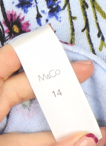 M&Co Womens Blue Floral 3/4 Sleeve V-Neck Lightweight Top Size 14