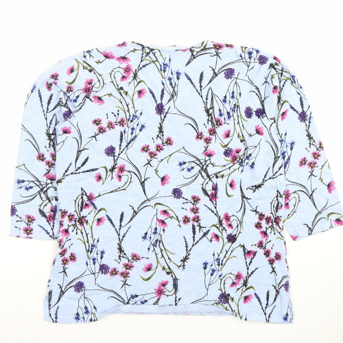 M&Co Womens Blue Floral 3/4 Sleeve V-Neck Lightweight Top Size 14