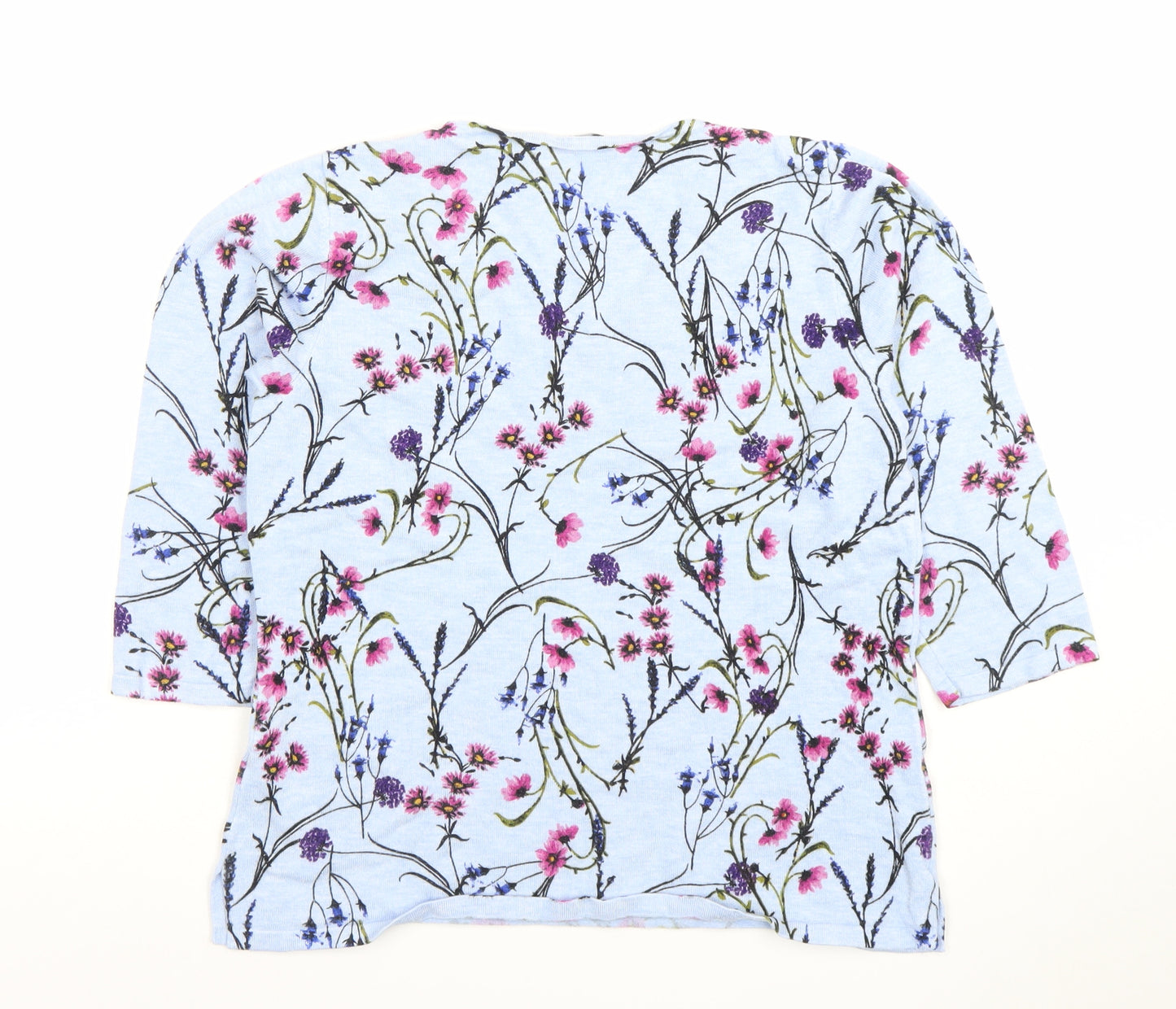 M&Co Womens Blue Floral 3/4 Sleeve V-Neck Lightweight Top Size 14