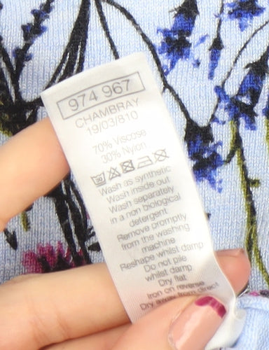 M&Co Womens Blue Floral 3/4 Sleeve V-Neck Lightweight Top Size 14