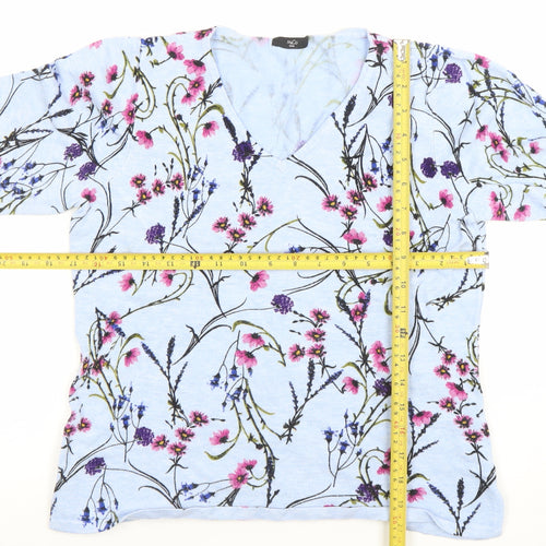 M&Co Womens Blue Floral 3/4 Sleeve V-Neck Lightweight Top Size 14