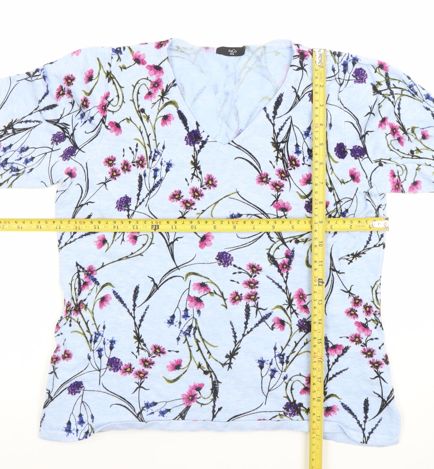 M&Co Womens Blue Floral 3/4 Sleeve V-Neck Lightweight Top Size 14