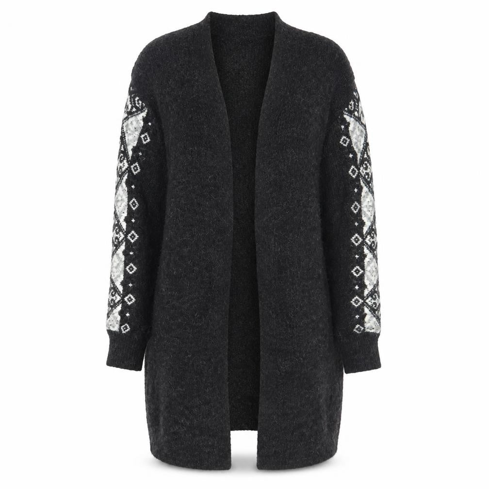 Front view of Atmosphere Women's Black Medium Knit Geometric Open Cardigan