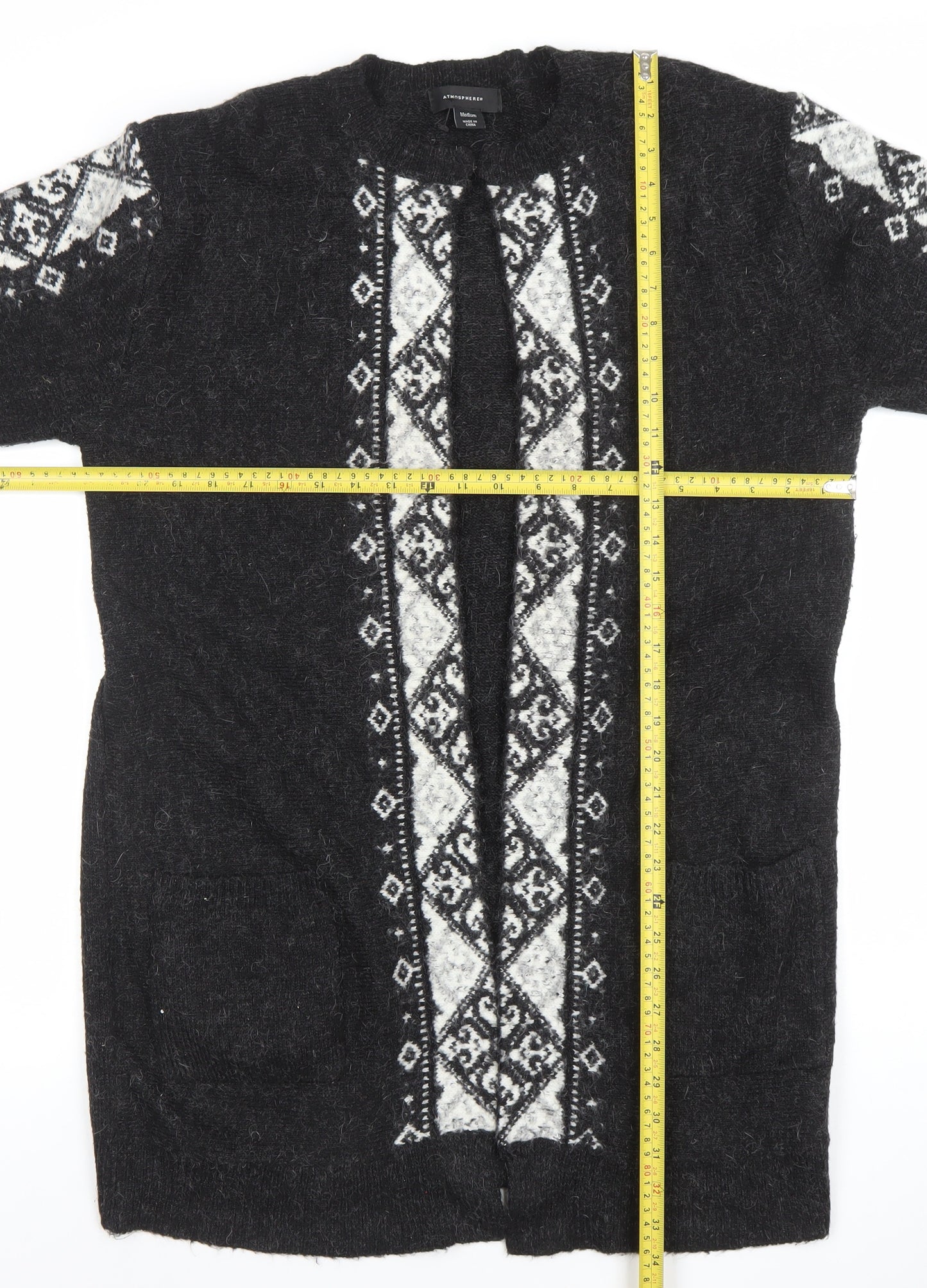 Atmosphere Women's Black Medium Knit Geometric Open Cardigan