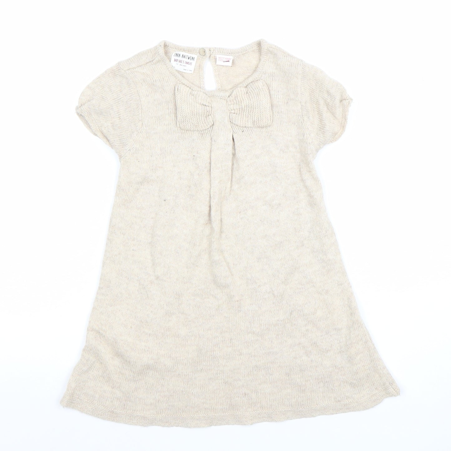 Zara Girls Beige Knit A-Line Bow Dress 3-4 Years Short Sleeve