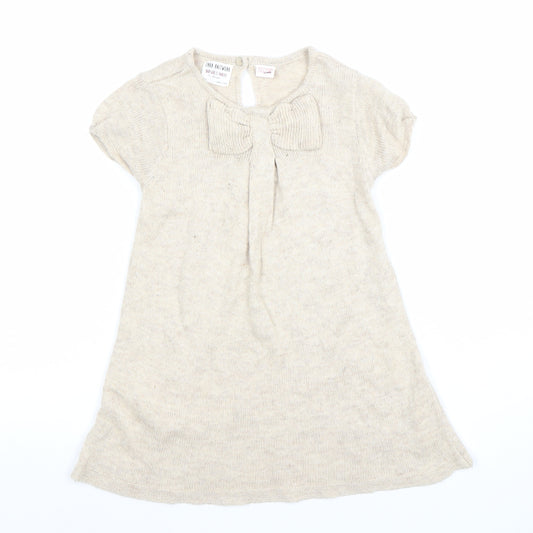 Zara Girls Beige Knit A-Line Bow Dress 3-4 Years Short Sleeve