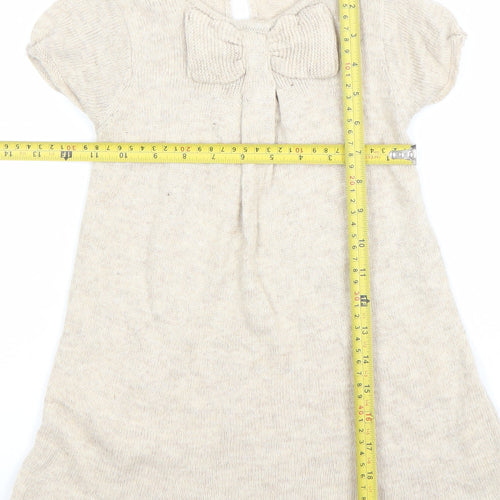 Zara Girls Beige Knit A-Line Bow Dress 3-4 Years Short Sleeve