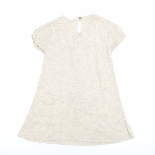 Zara Girls Beige Knit A-Line Bow Dress 3-4 Years Short Sleeve