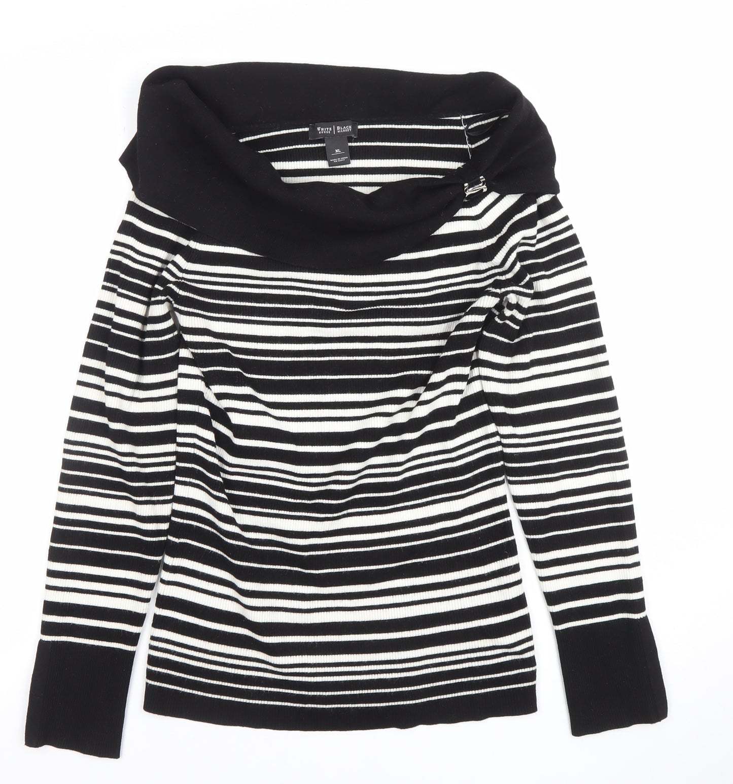 White House Black Market Women's Black Striped Off Shoulder Knit Top XL