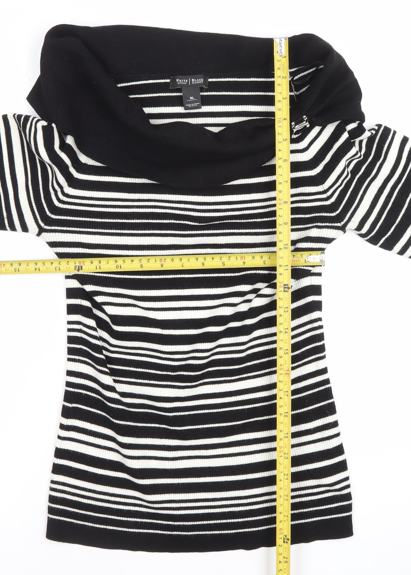 White House Black Market Women's Black Striped Off Shoulder Knit Top XL