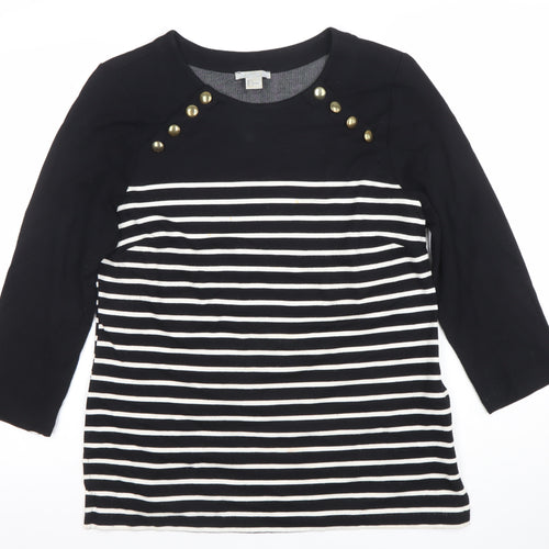 Zara Women Black Striped Button Detail 3/4 Sleeve T-Shirt Size 14
