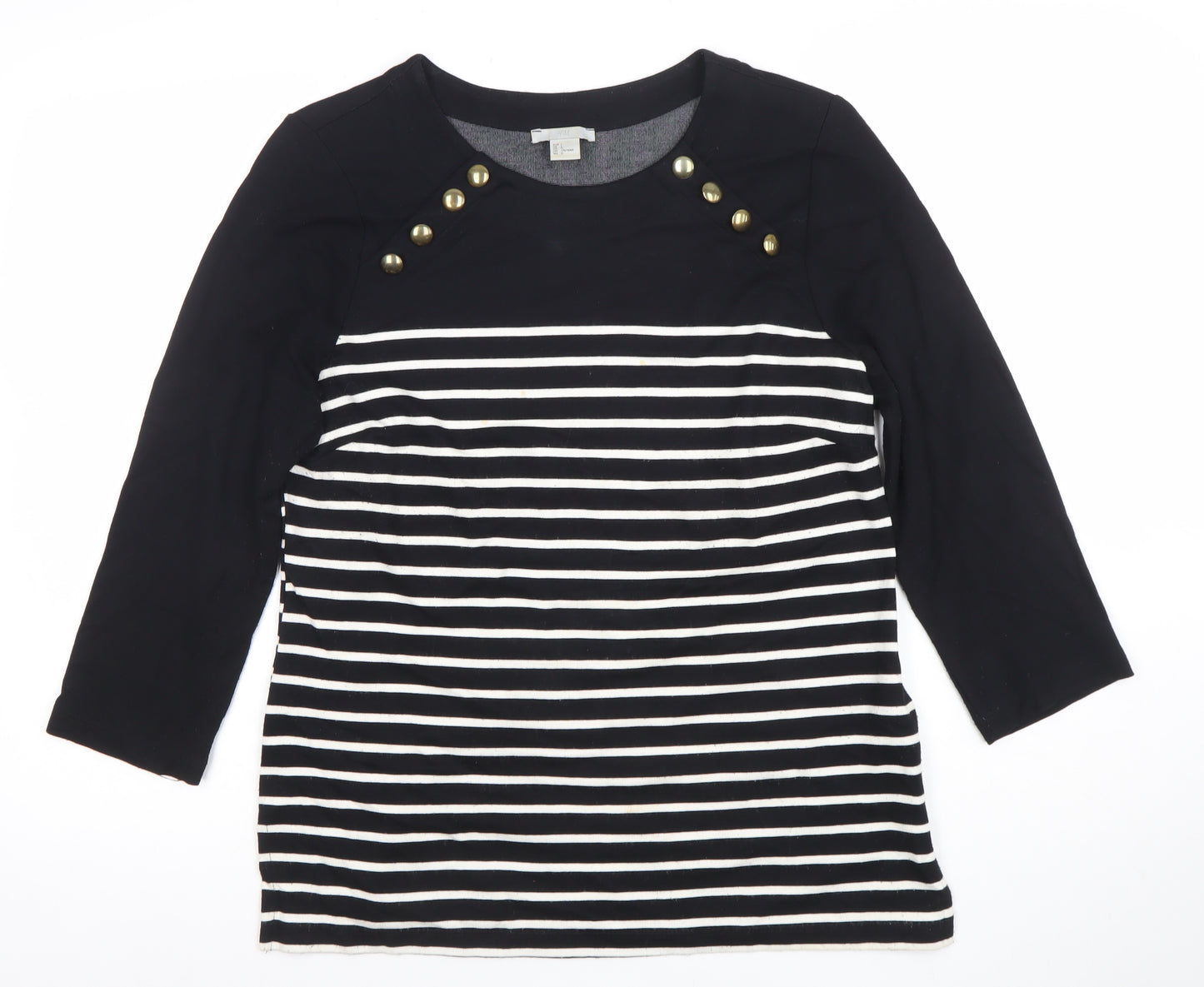 Zara Women Black Striped Button Detail 3/4 Sleeve T-Shirt Size 14