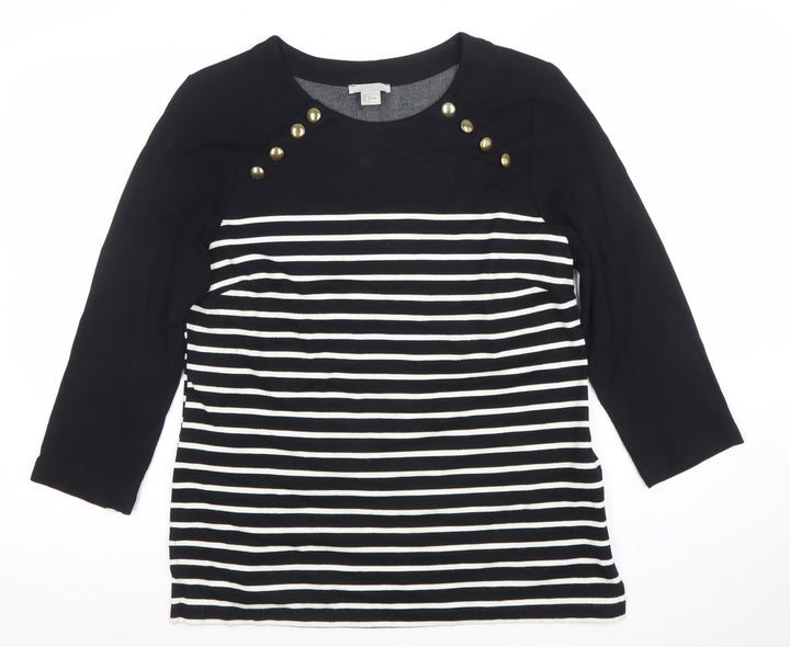 Zara Women Black Striped Button Detail 3/4 Sleeve T-Shirt Size 14